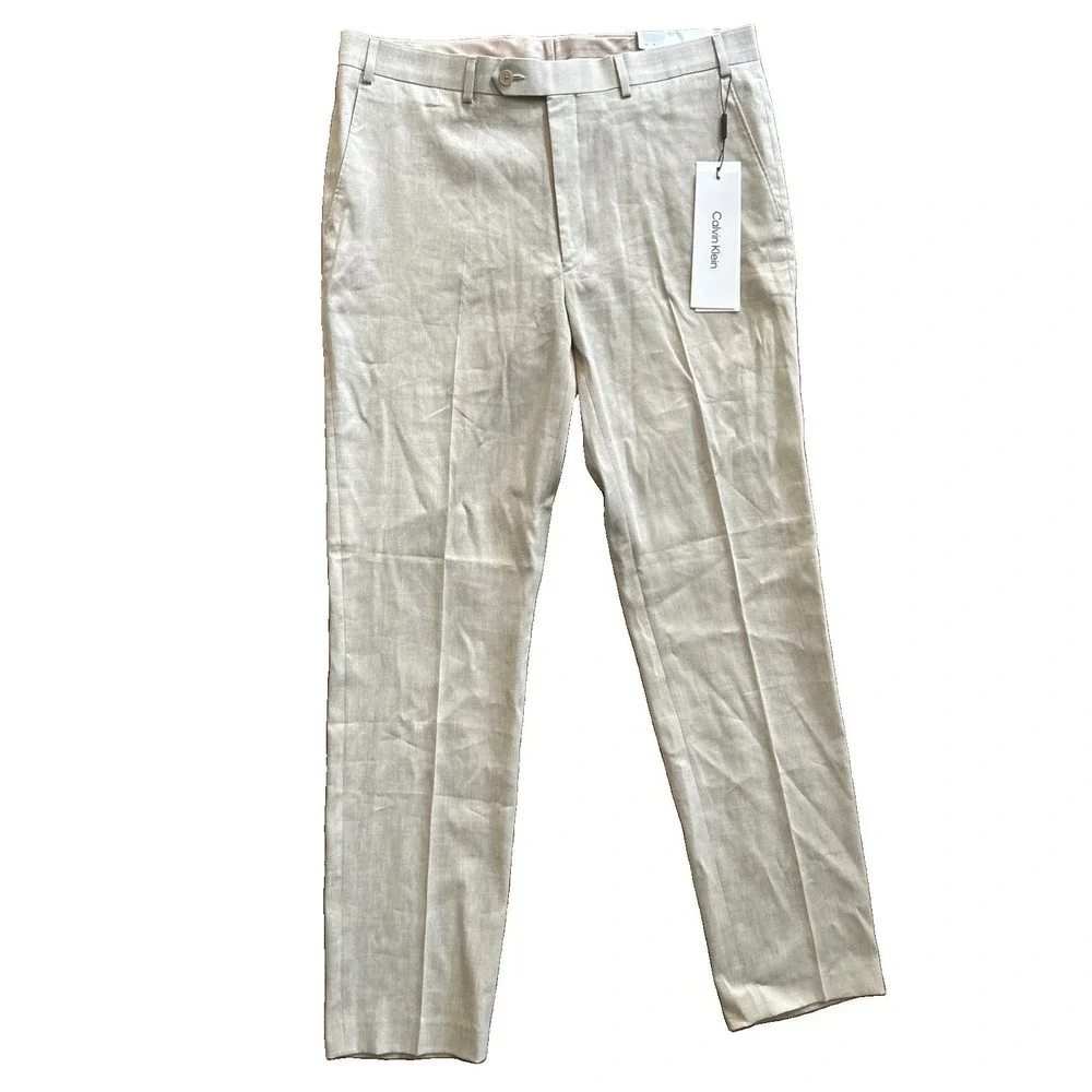 NWT Calvin Klein Men's Classic Slim Fit Solid Linen Cream Dress Pants Size 36x32